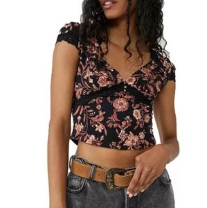 Free People Emery Floral-Print Lace-Trimmed Top